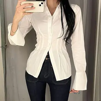 Туника Deeptown, Реколта Бели ризи, Елегантни дамски блузи Y2k, Плисе Тънки блузи с дълги ръкави в Корейски стил, Гореща Секси мода
