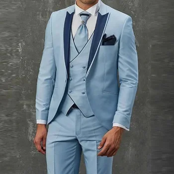 Модерен мъжки костюми Slim Fit синьо небе смокинг с ревера, костюми от 3 теми, сватбен костюм да си официална вечеря на булката, официалният костюм за парти