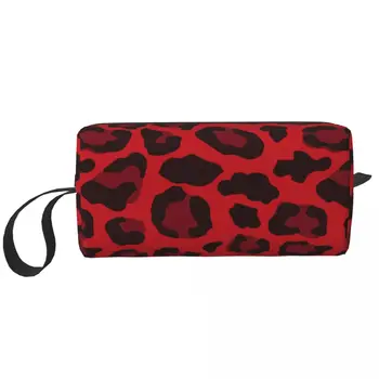 Червени козметични чанти с леопардовым принтом, дамски косметичка, стилен калъф-органайзер за грим за пътуване